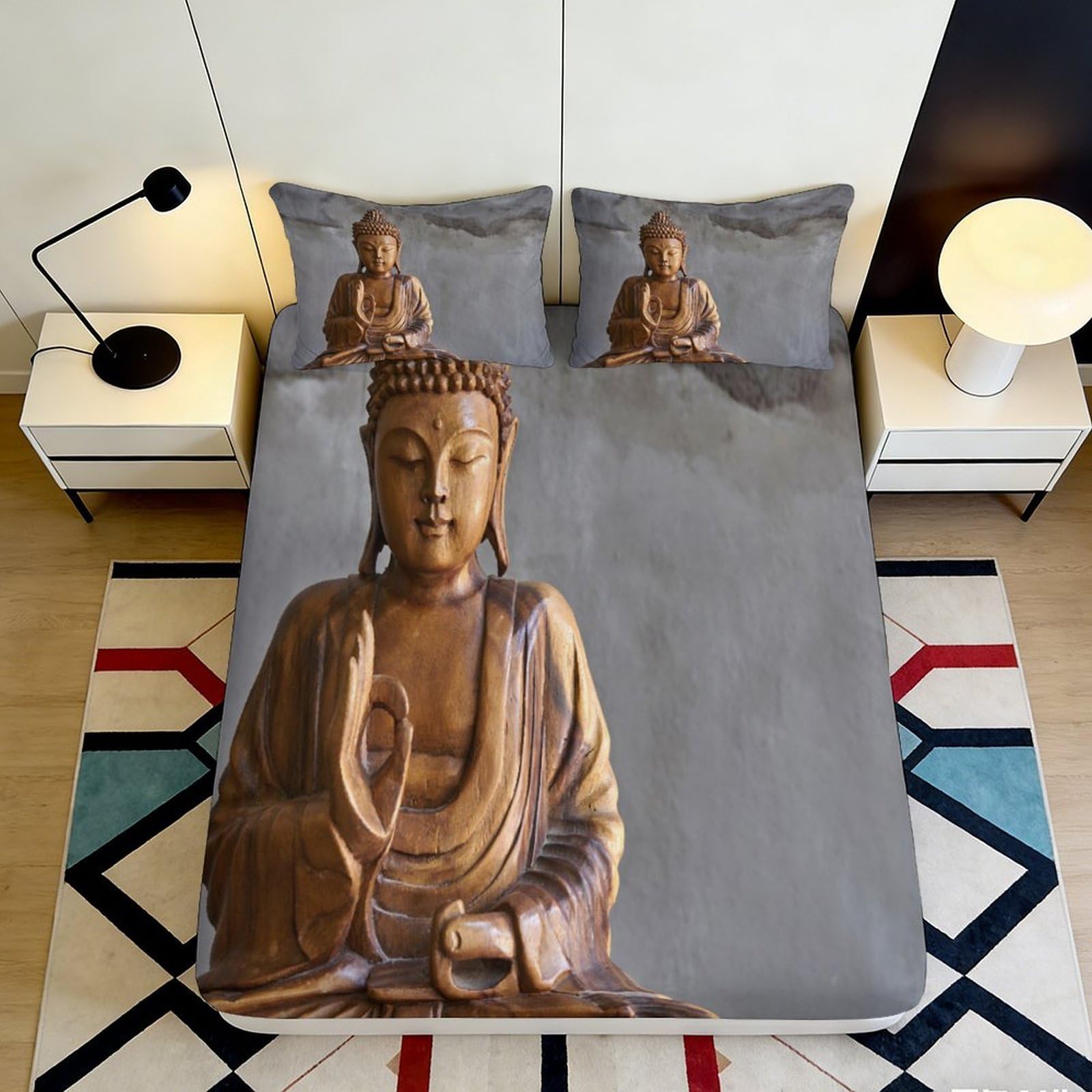 3D Printed Wooden Buddha Statue Fitted Sheet Microfiber Soft Anti-Slip Zen Meditation Bed Cover for Bedroom Decor 200x200x25cm