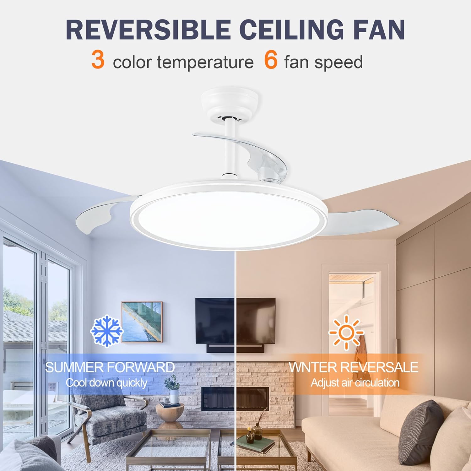 42 Inch Retractable Ceiling Fan with Lights and Remote/APP Control,6 Speed White Modern Ceiling Fan for Bedroom Living Room Dinning Room (White)