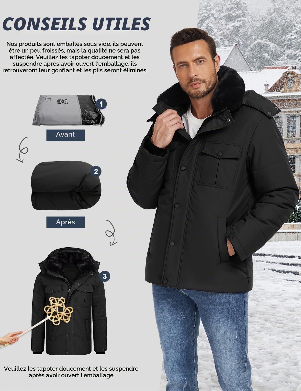 Tuopuda Homme Manteau d'hiver Chaud, Vestes Polaire Décontracté Parka Doublure Coupe Mince Manteaux Amovible Capuche Coupe-Vent Doudoune Zippé Épais Blouson Outercoat