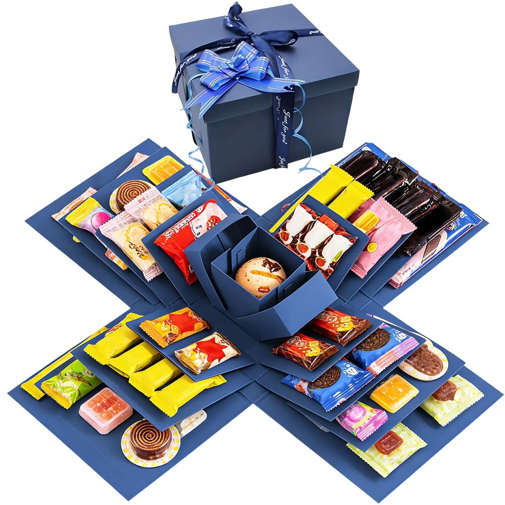 Explosion Gift Box, 5 Layer Snack Explosion Box, Creative Surprise Container‌ with Tape and Ribbon for Birthdays, Wedding, Mother's Day, Anniversaries, Valentine's Day (Blue)