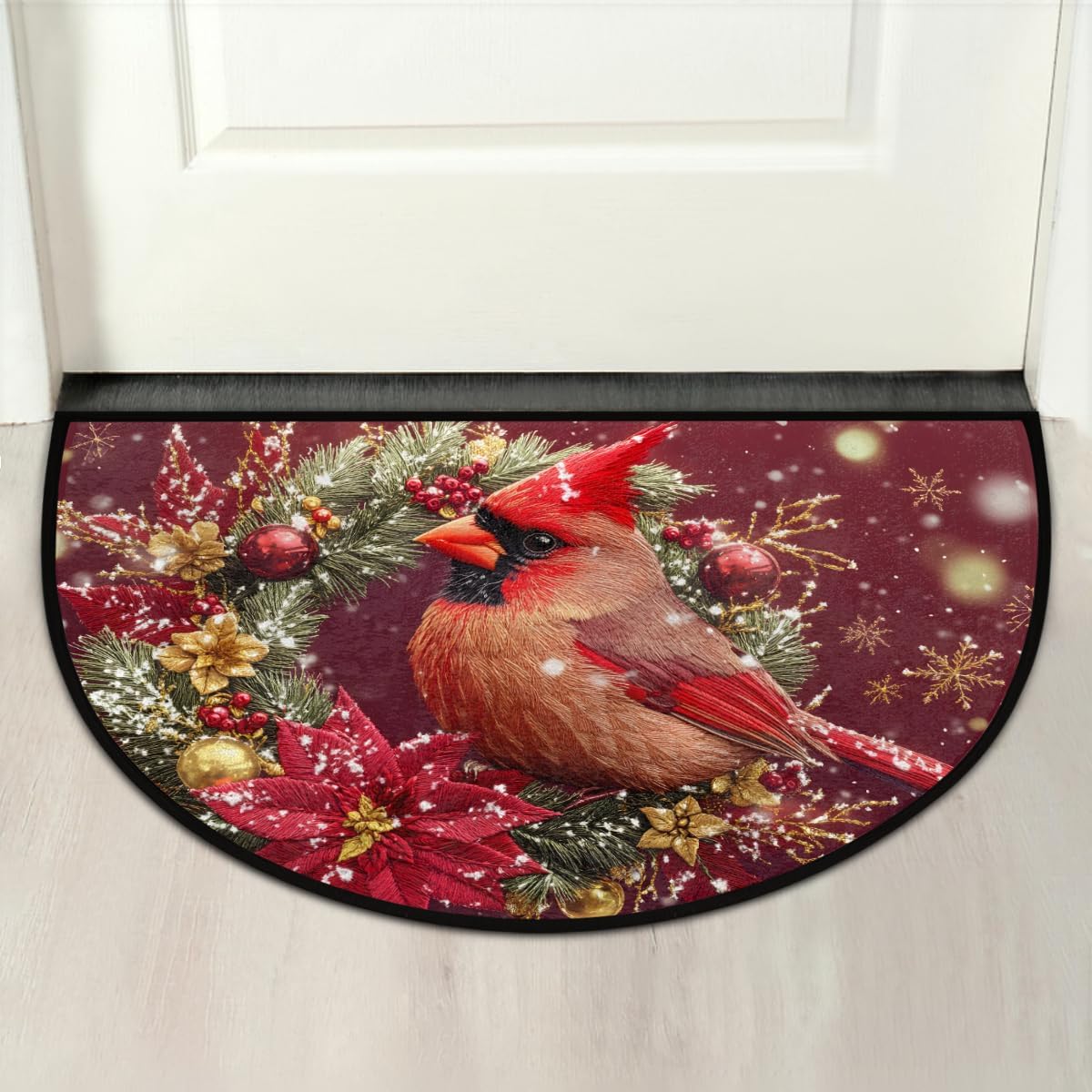 cfpolar Half Round Door Mat Christmas Bird Cardinal Non-Slip Semi Circle Area Rug Washable Semi Circle Floor Rug for Indoor Outdoor Living Room Bathroom Kitchen Patio Hearth Rugs Home Decoration