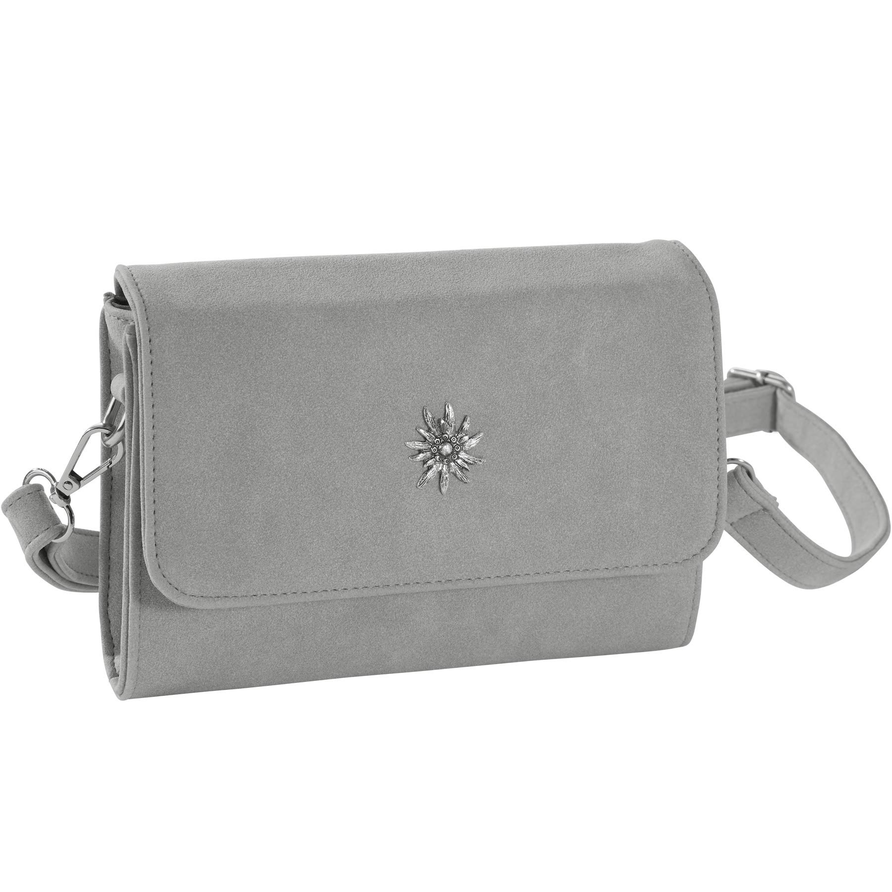dressforfun Dirndl Tasche, Handtasche Damen mittelgroß, Trachten Mode, Trachtentasche Wildlederoptik, Edelweiß, Damen Tasche, Umhängetasche, Oktoberfest Accessoires, Damen-Schultertaschen - grau