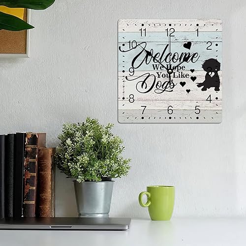 Miniatura 3 de Reloj de pared de PVC con texto en inglés "Welcome We Hope You Like Dog", reloj de pared colgante de perro salchicha perro de 10 pulgadas, cuadrado,