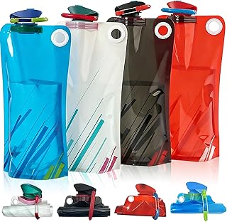 Faltbare Trinkflaschen,4 Stück Trinkbeutel Wiederverwendbare Wasserflaschen 1000 ML,Wiederverwendbare Faltbar Wasserflasche,BPA-Freie Wasserflasche mit Clip für Wandern, Abenteuer,Reisen,Zubehör