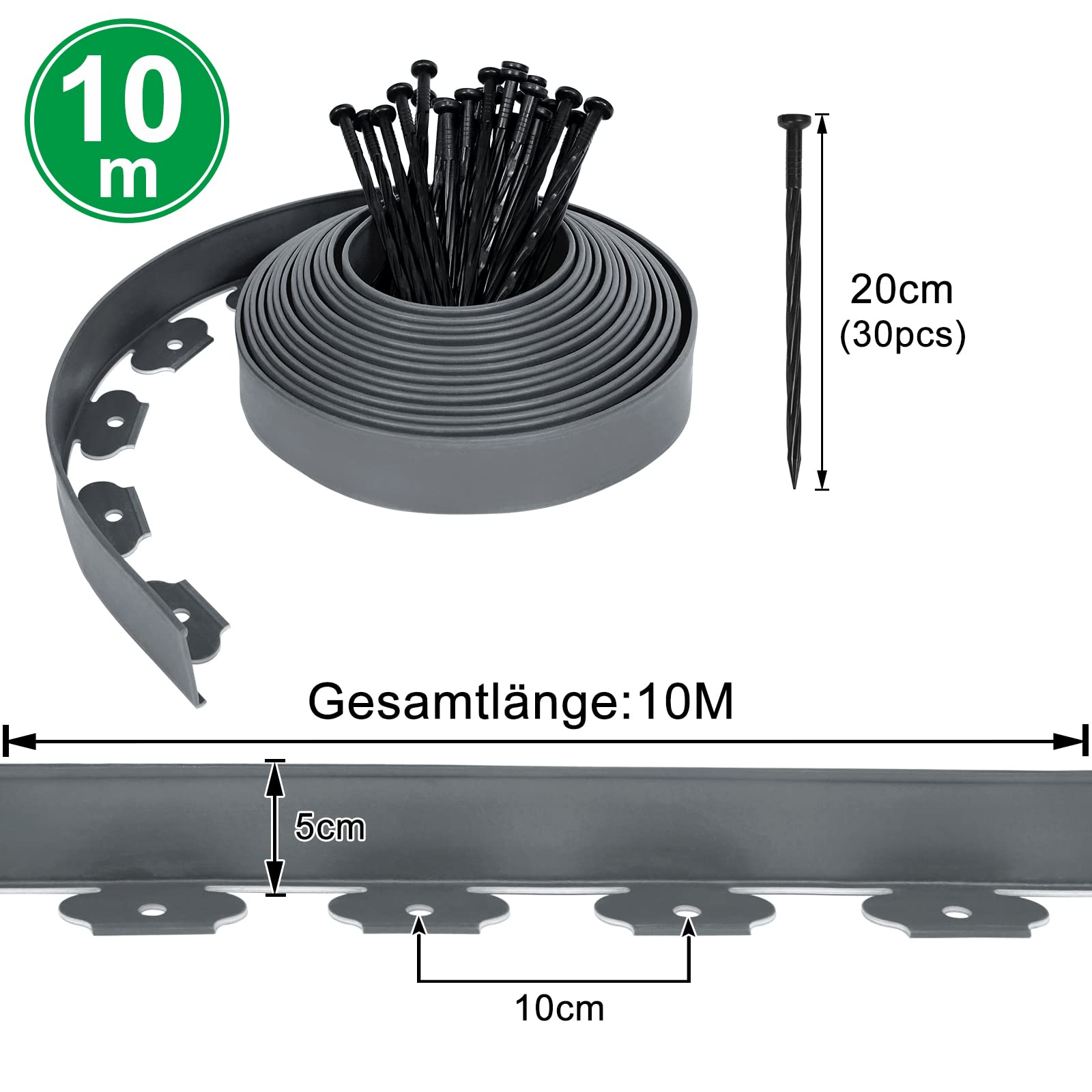 LZQ Borde para césped de plástico flexible con 30 clavos de fijación para jardines, césped y piedras, 10 m de largo, color gris claro