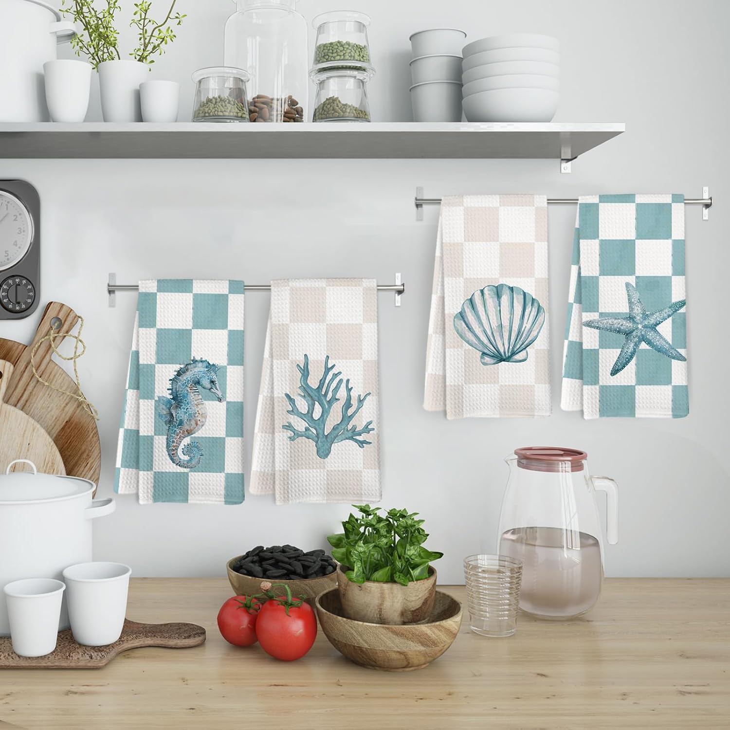 Coastal Beach Kitchen Towels and Dishcloths Set of 4, Preppy Beachy Seahorse Coral Dish Towels, Nautical Ocean Starfish Seashell Decorative Hand Tea Towel for Bathroom Kitchen, 16x24 Inch
