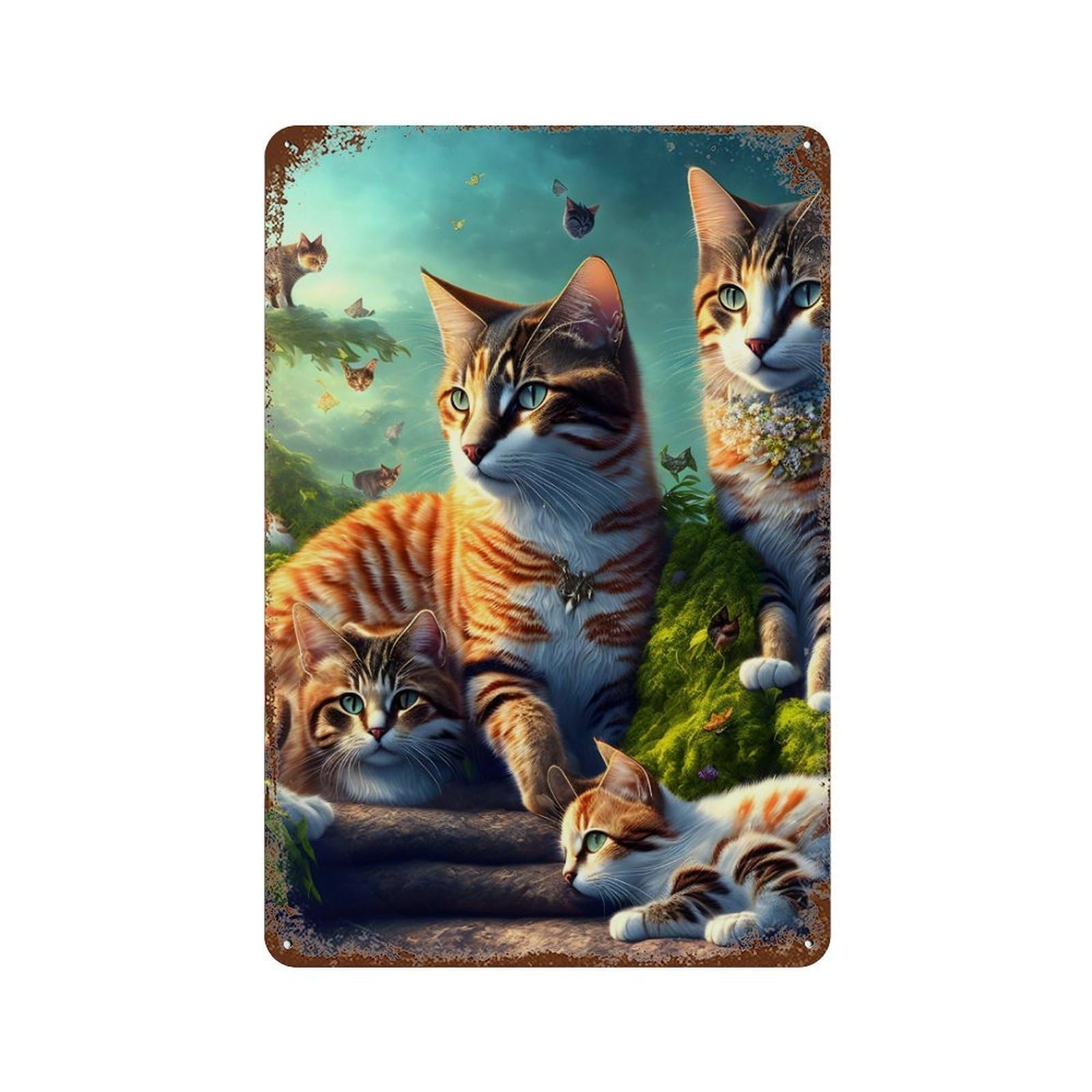 Fantasy Cat Garden Scene 11.8"x7.9" Rustic Tin Plaque, Novelty Wall Decor for Bistro, Counter And Cafe Decor