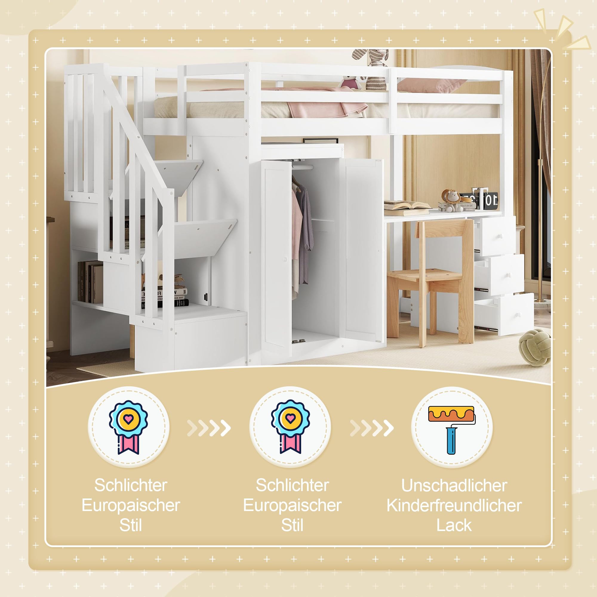 Gegtuon Kinderbett Bett 90x200 für Kinder mit Schreibtisch und Kleiderschrank, Hochbett Hausbett mit Stauraum Schubladen und Treppe, Bettgestell mit Lattenrost und Rausfallschutz, ohne Matratze, Weiß