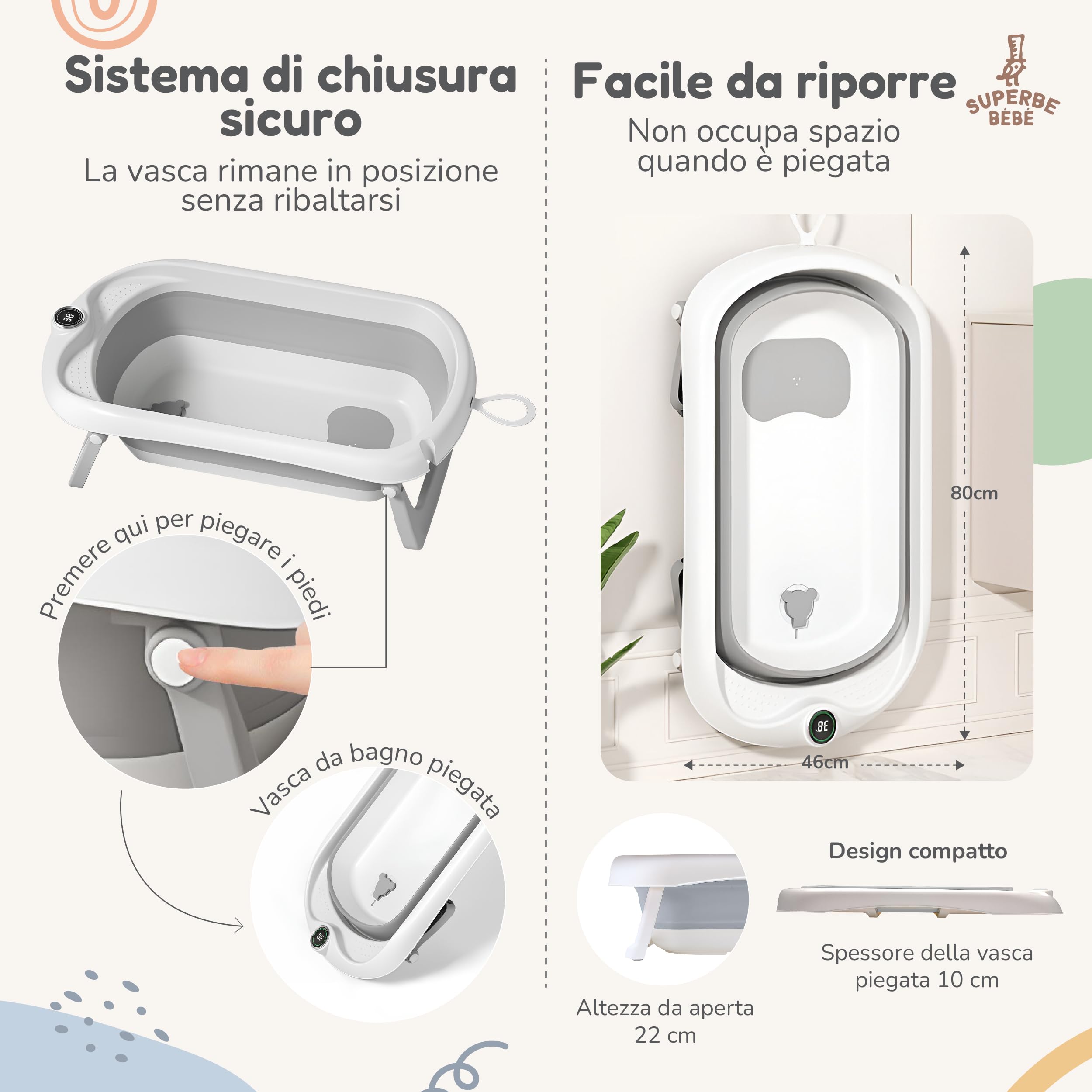 Bagnetto per bambini pieghevole con supporto bagnetto/Vaschetta bagno neonato XL con termometro per il controllo della temperatura dell'acqua/Dalla nascita ai 3 anni