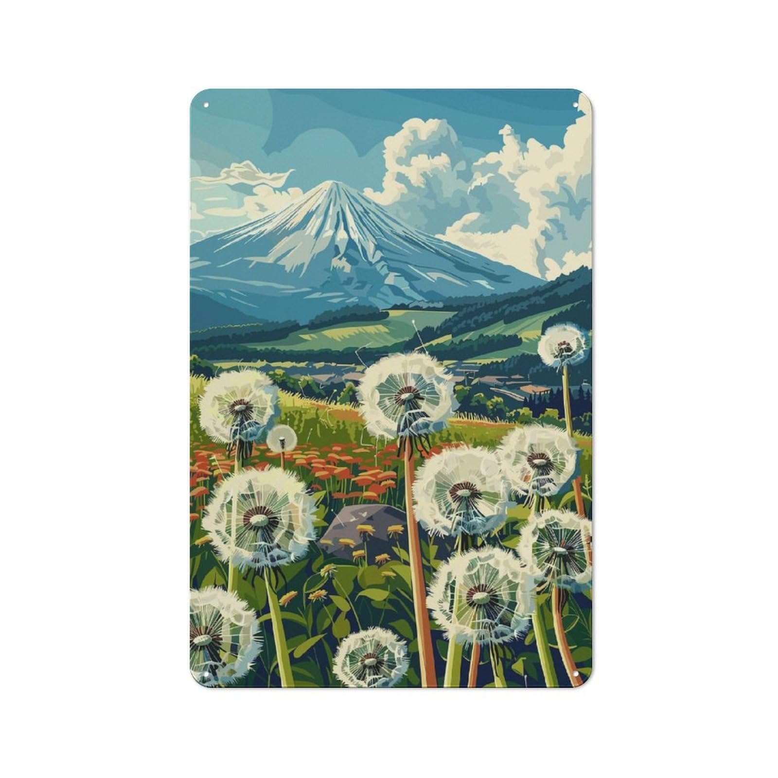 Junmoney Style-23 For Living Room Wall, Mount Fuji Dandelion Field Rustic Metal Wall Sign 30X20cm, For Vintage Wall Decor Fans, For Garage And Workshop Walls
