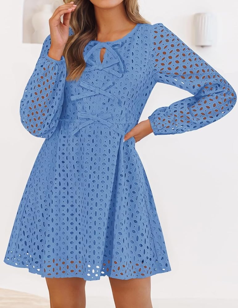 ZESICA Women's Long Sleeve Mini Dress 2025 Fall Crewneck Tie Front