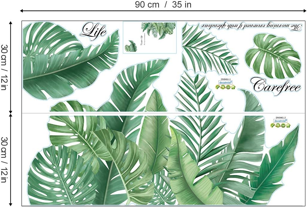 decalmile Green Leaves Wall Decals Palm Tree Leaf Plants Wall Stickers Bedroom Living Room TV Wall Door Decor (W: 45 Inches)