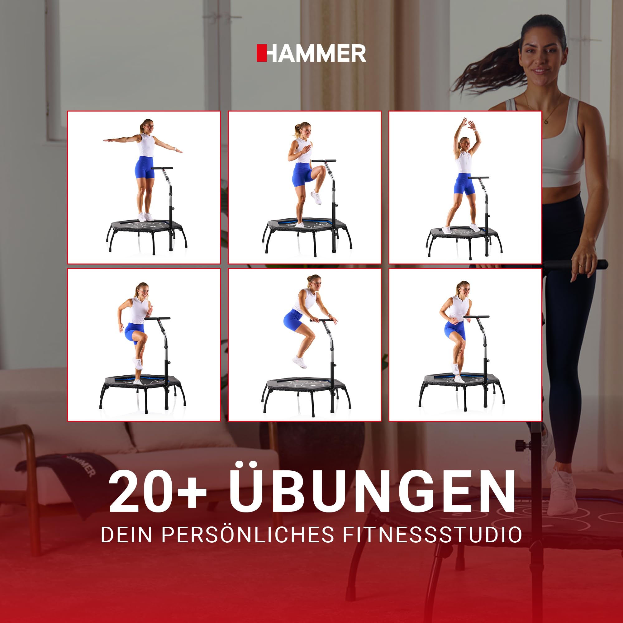 HAMMER Fitness-Trampolin Cross Jump, 98 cm Sprungfläche, patentierte Technik, mehrfach höhenverstellbarer Haltegriff, leistungsstark bis 130 kg Benutzergewicht