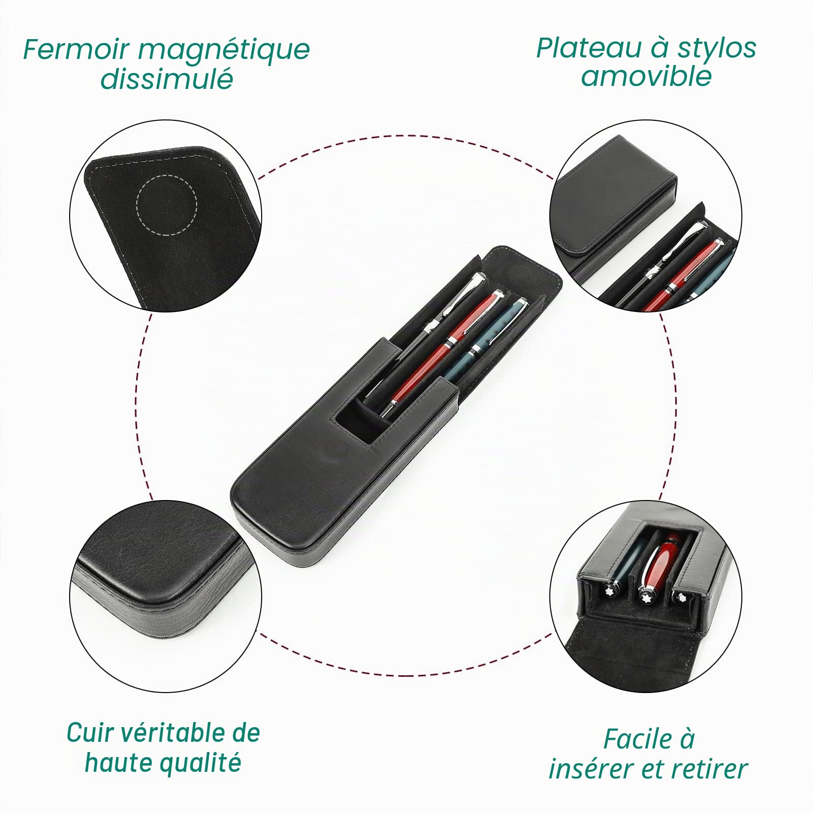 Hiram Étui portable en cuir pour stylos avec fermeture magnétique cachée et bac à stylos, design amovible, Noir , For 3 Pens