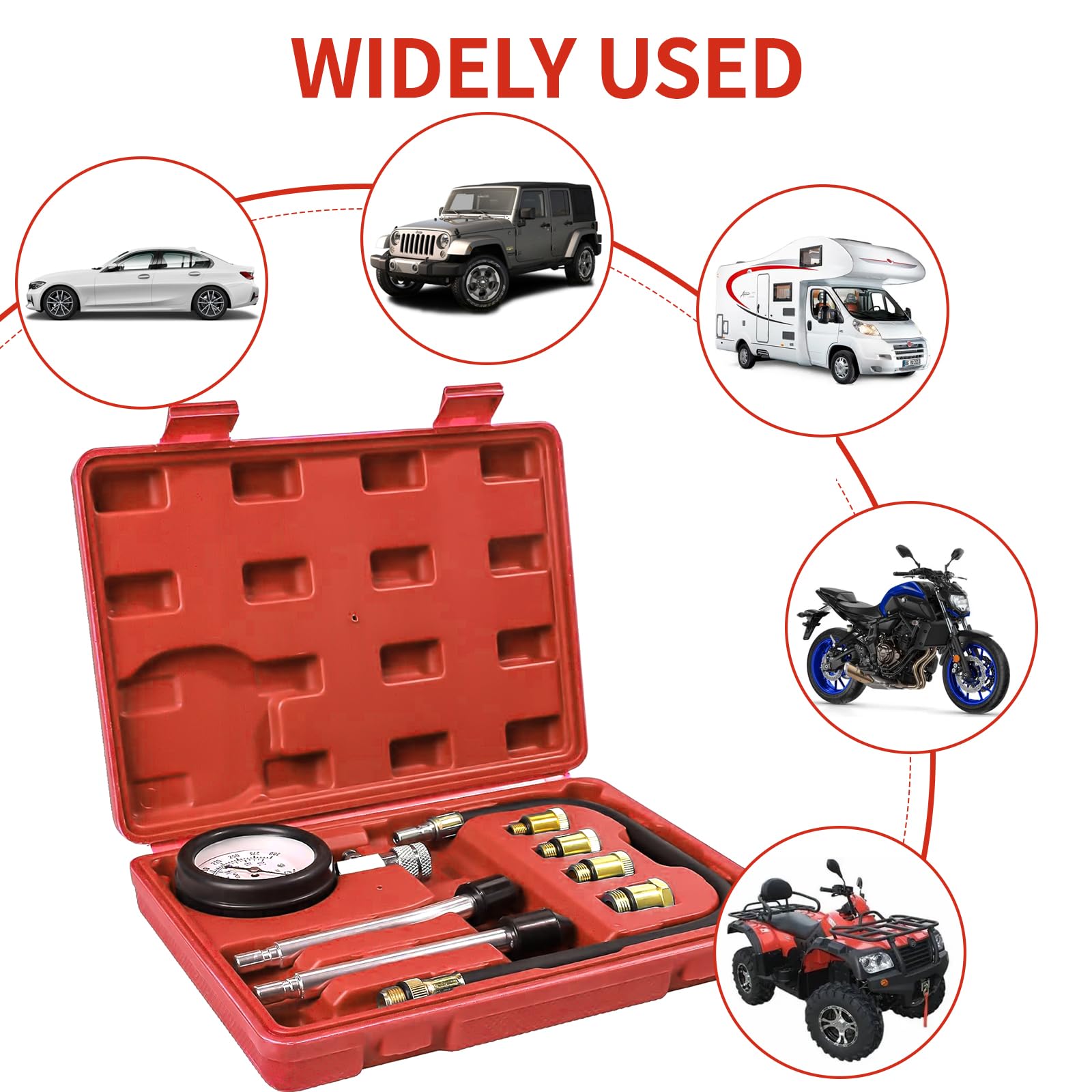 Zorplex Zestaw Tester Kompresji Silnika 0-21 Bar / 0-300 PSI z Manometrem i 4 Adapterami M10 M12 M14 M18, Miernik Ciśnienia Sprężania do Samochodów, Motocykli i Silników Benzynowych (Czerwony)