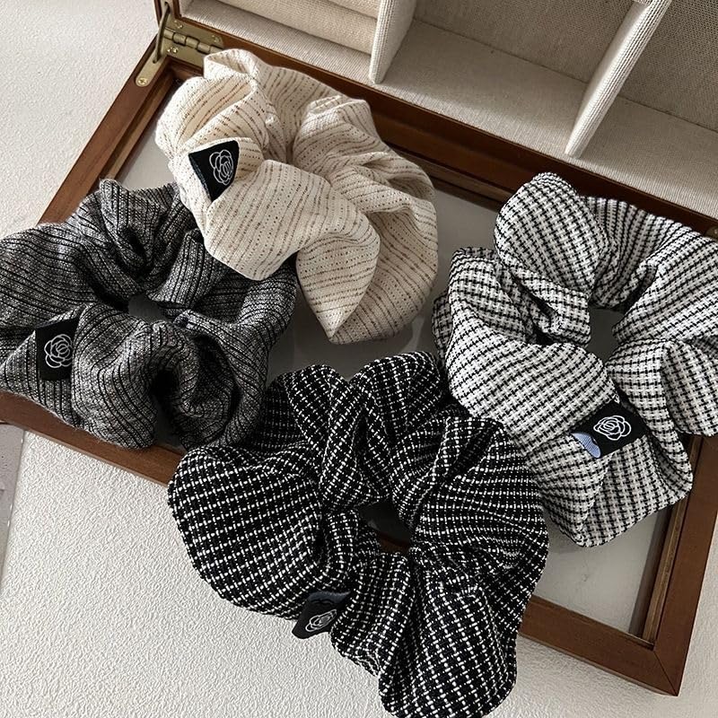TUCEWP Scrunchies for Women's Hair 4Pcs White Black Gray Beige Scrunchies for Long Thick Hair Ultra Textured Hair Bands Plaids Stripes Scrunchies Cute