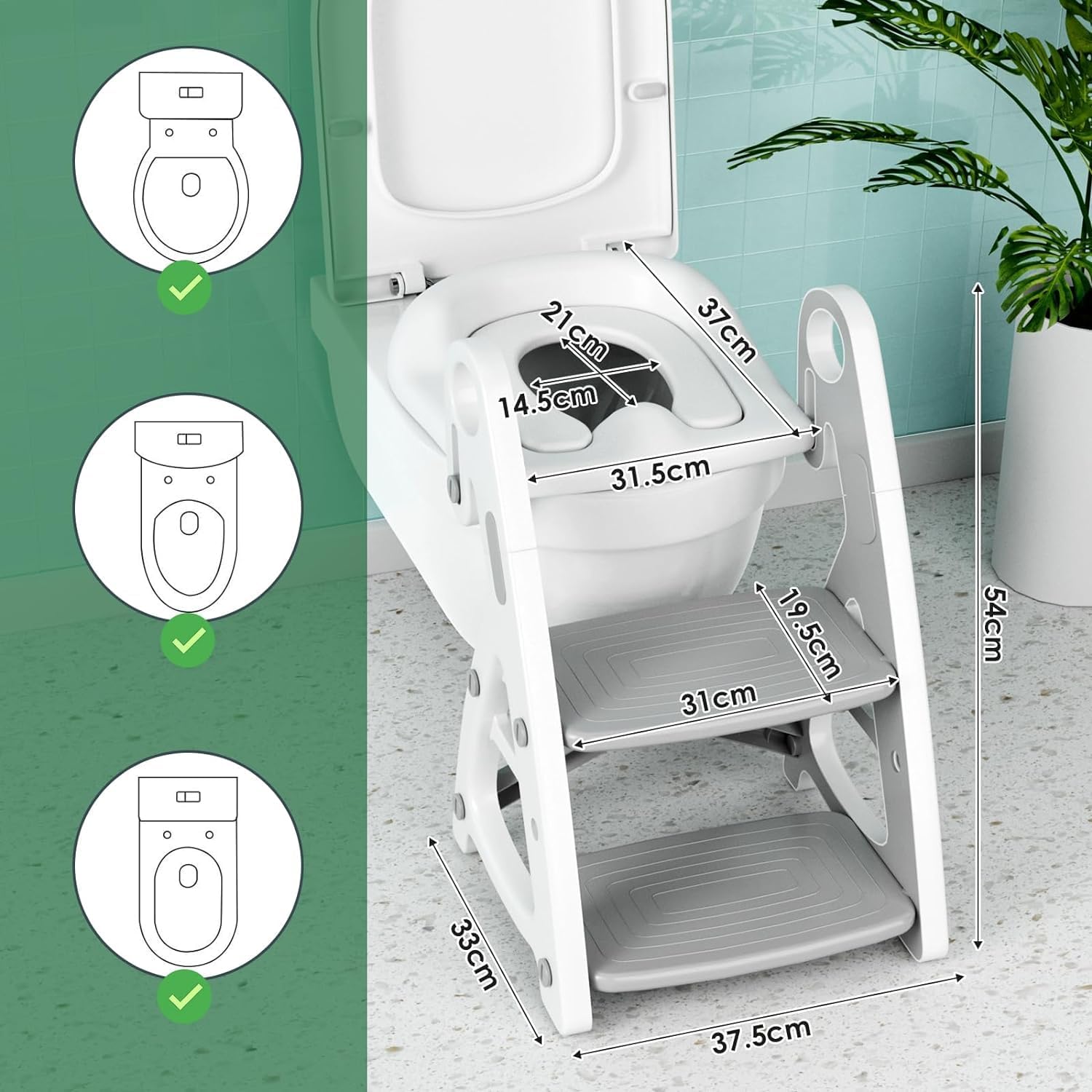 Baby-Toilettensitz 2 in 1 mit Treppe, Stabile Dreieckige Struktur, Kinder Tritthocker, Faltbar Töpfchentrainer mit verstellbarem Pedal und Sitzhöhe, mit großes Pedal und Griffe, PU-Futter, Grau