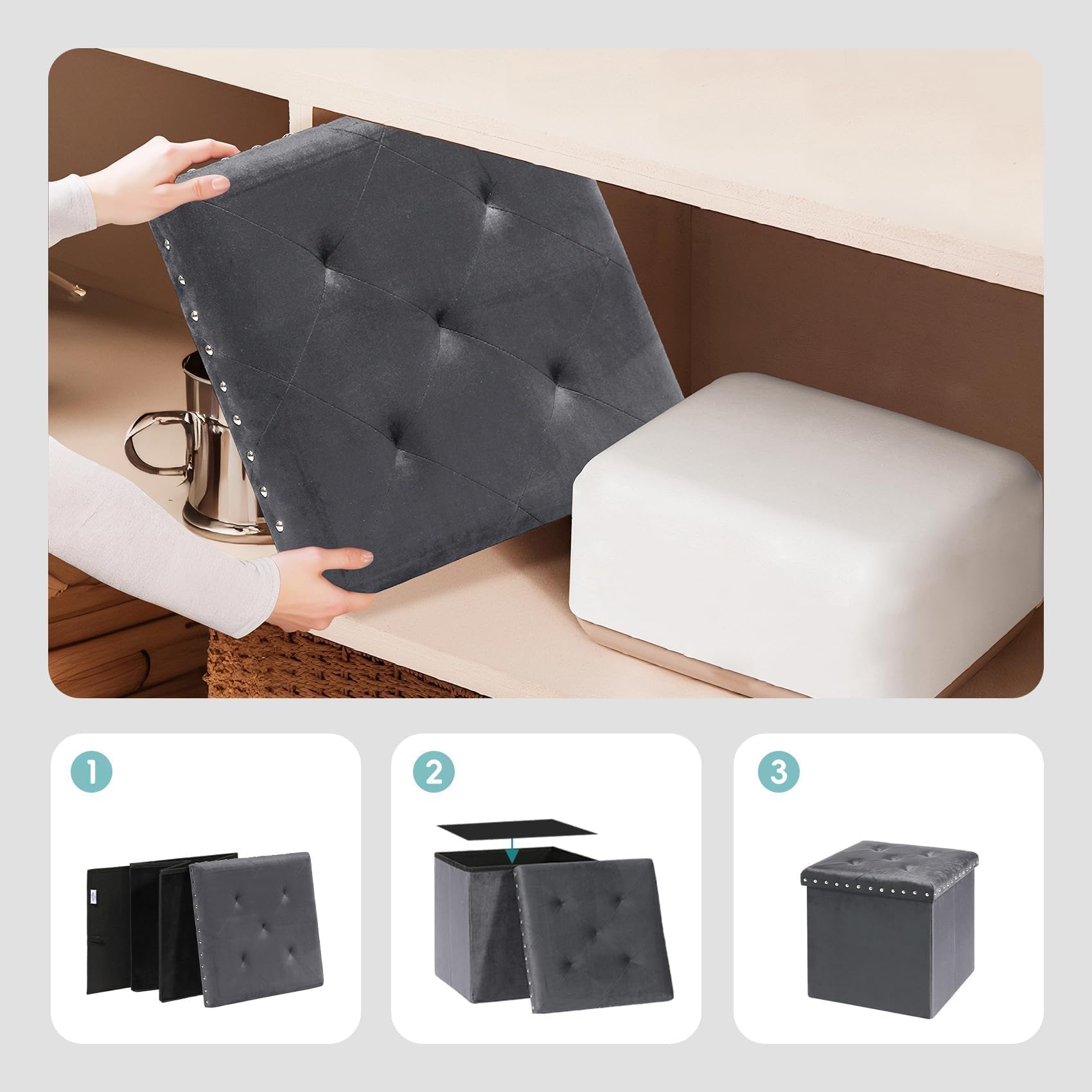 PINPLUS Pouf Contenitore Quadrato In Velluto – Poggiapiedi E Cubo Portaoggetti Pieghevole 40x40x40 Cm, Grigio Elegante Per Soggiorno E Camera