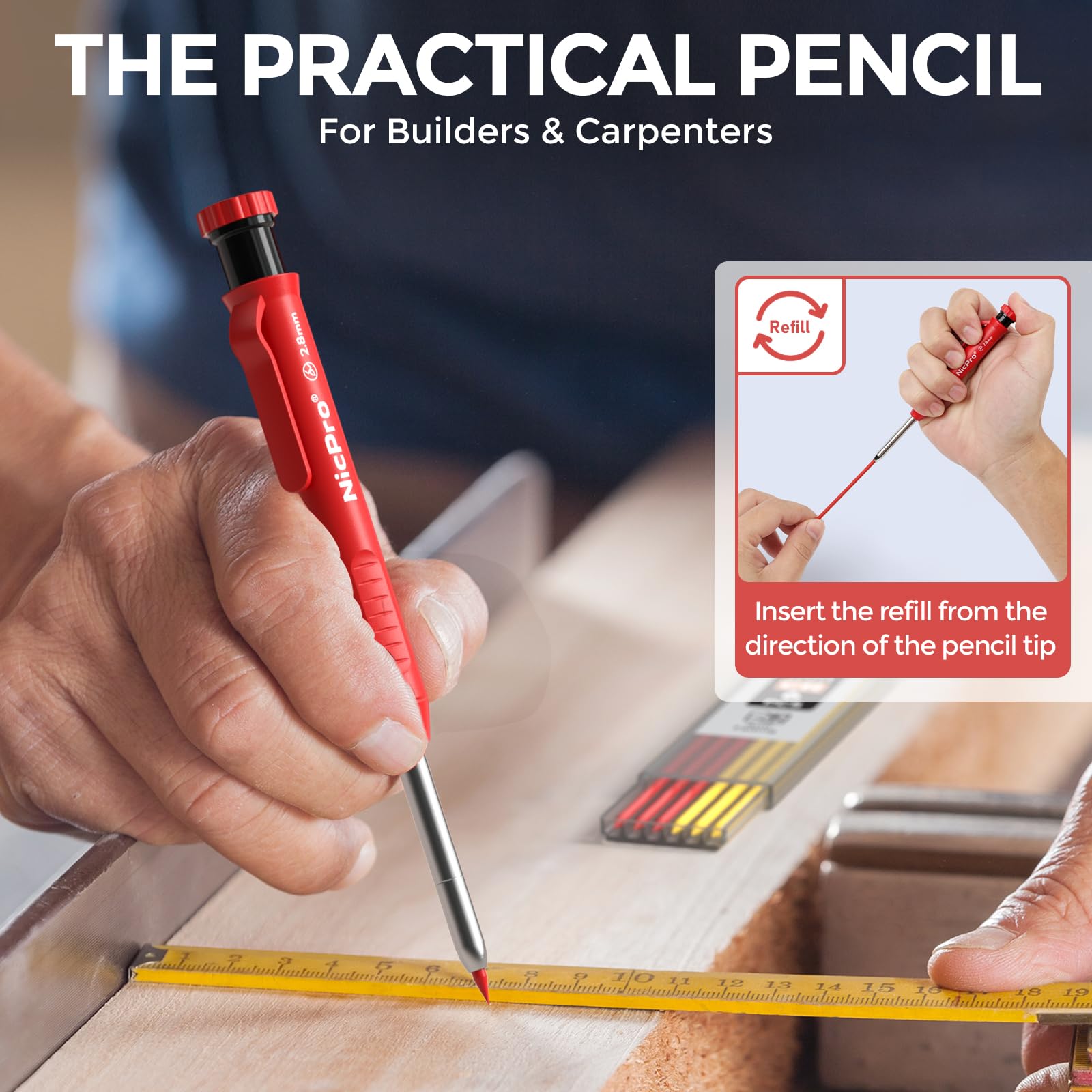 Nicpro 5 pièces crayons chantier avec taille-crayon, porte mines de construction avec 48 recharges, outil de marquage robuste, marqueurs pour trous profonds pour le marquage architectural