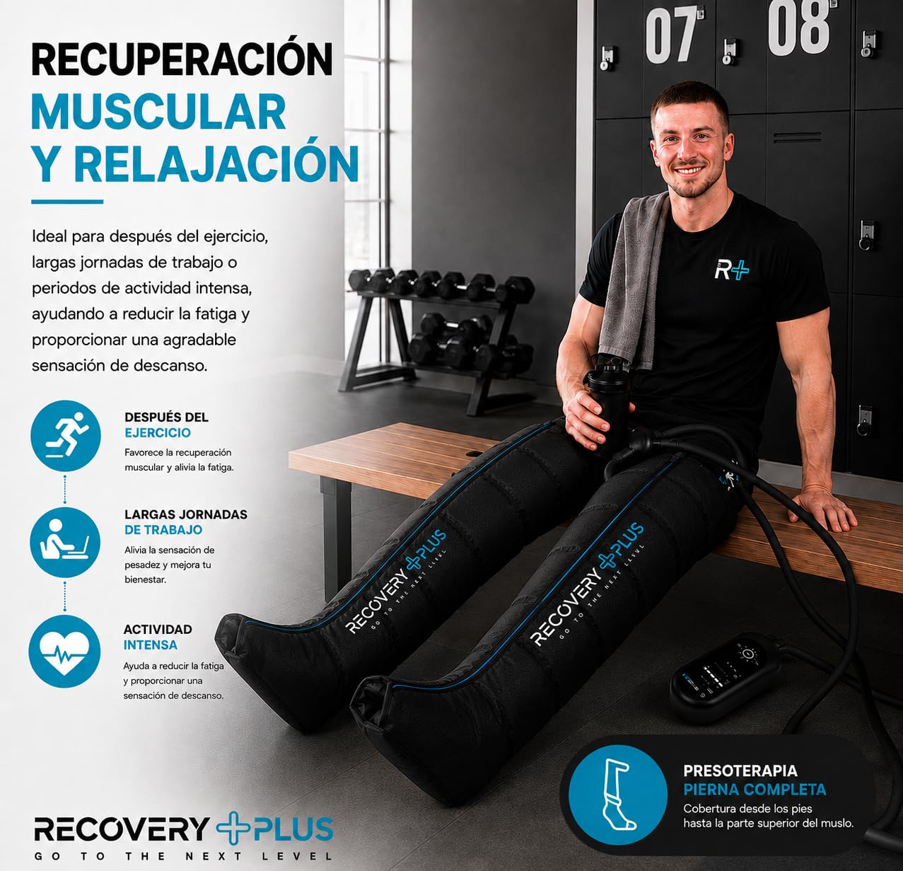 RECOVERY PLUS - RP 5.0 | Presoterapia para casa. Masajeador de pies y piernas. 6 modos de masaje. Hasta 230 mmHg. Favorece la circulación. Eficacia profesional. (Talla L)