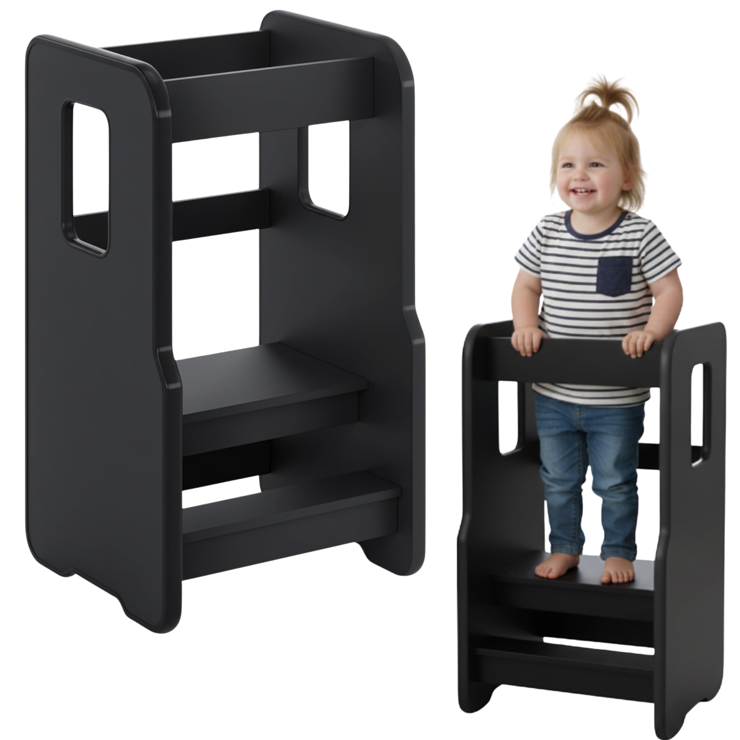 ComfortCove Lernturm ab 1 Jahr, Sicherer & Stabil Tritthocker Kinder, 3-stufig höhenverstellbarer Lernturm für Kinder, Montessori Learning Tower für Kleinkinder, Kinderstuhl Holz, Schwarz