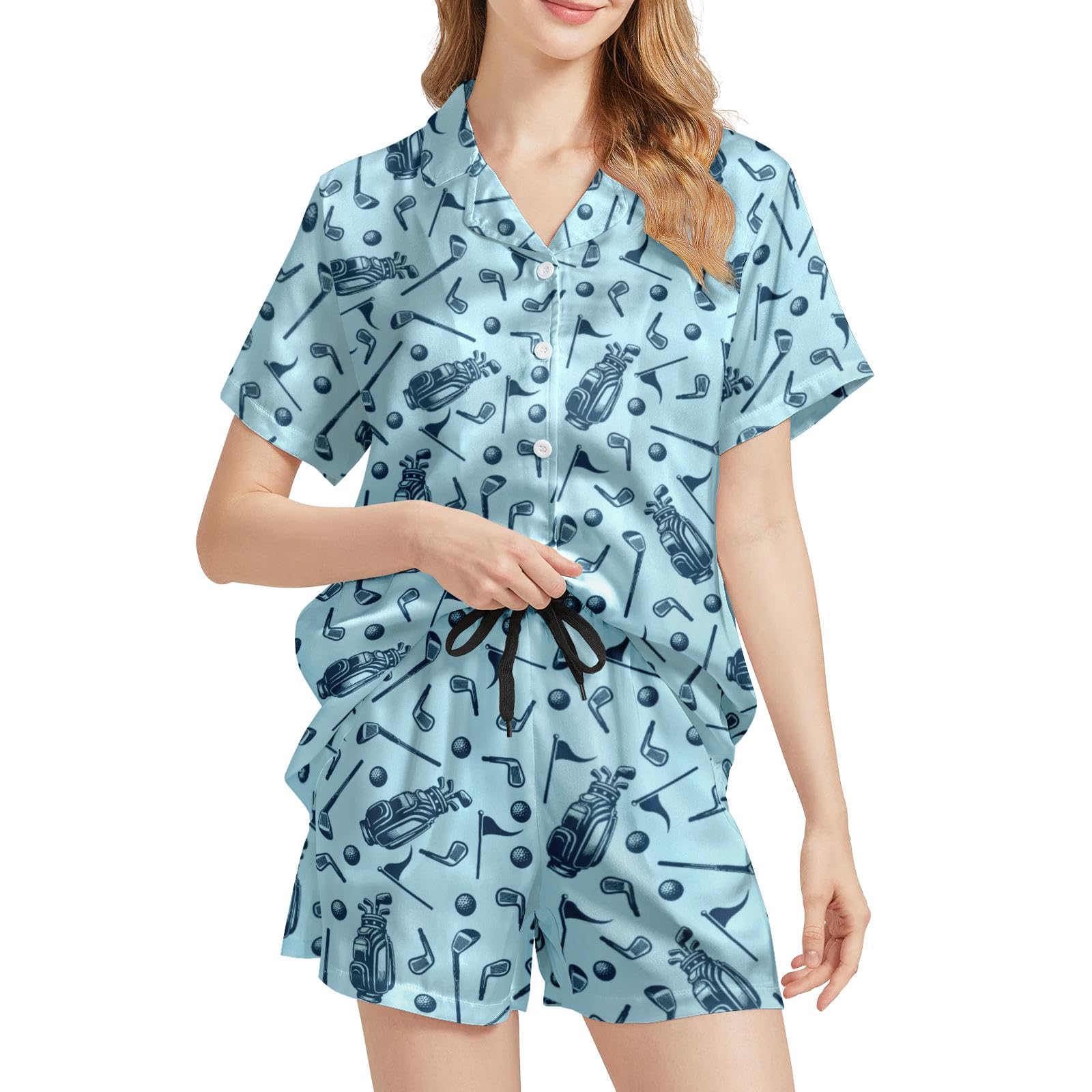 Funny Pajamas for Women Set Print Satin Loungewear Pjs Short Sleeve Button Down Top and Shorts Sets Sleepwear XS-3XL