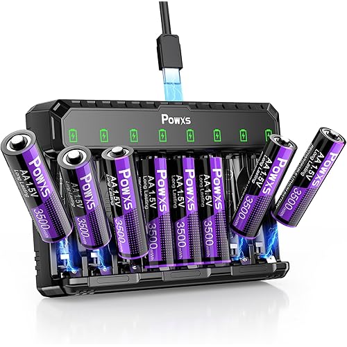 POWXS Rechargeable Lithium AA Batteries with Charger 8-Pack 3500mWh, 2000 Cycles Li-ion/Ni-MH Fast Charging Station, USB-C for Blink Camera/Game Controller,Compatible with AA/AAA (AA Included)