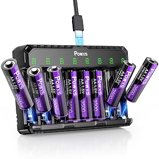 POWXS Rechargeable Lithium AA Batteries with Charger 8-Pack 3500mWh, 2000 Cycles Li-ion/Ni-MH Fast Charging Station, USB-C for Blink Camera/Game Controller,Compatible with AA/AAA (AA Included) - Amazon product rated Grade A