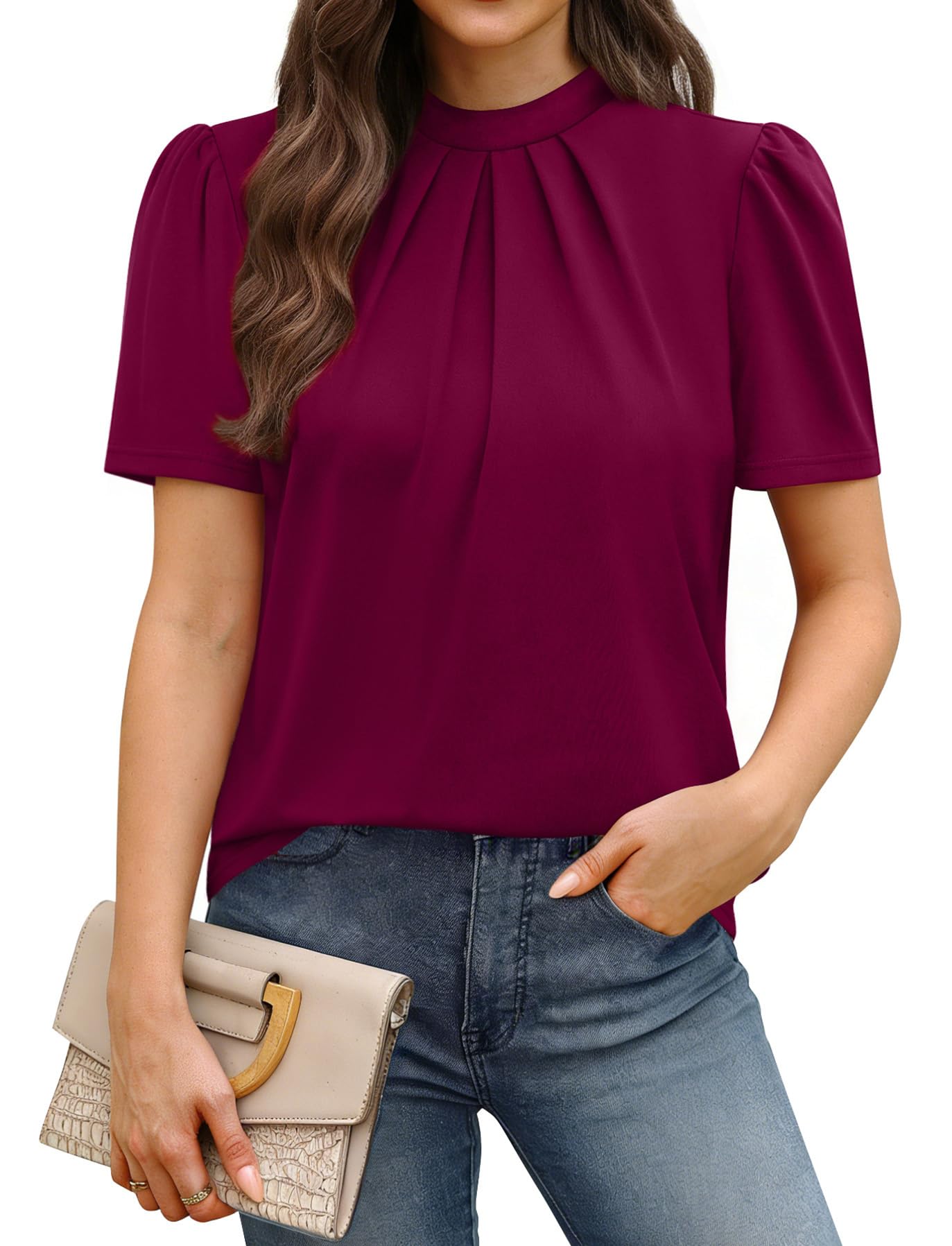 WIHOLL Womens Tops Short Puff Sleeve Shirts Mock Neck Pleated Spring Blouses Dressy Casual Business Casual Summer Outfits — view 12