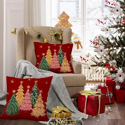 Miniatura 3 de RABUSOFA Juego de 2 fundas de almohada rojas de Navidad de 20 x 20 pulgadas, decoración de acuarela con estrellas de árbol de Navidad de invierno,