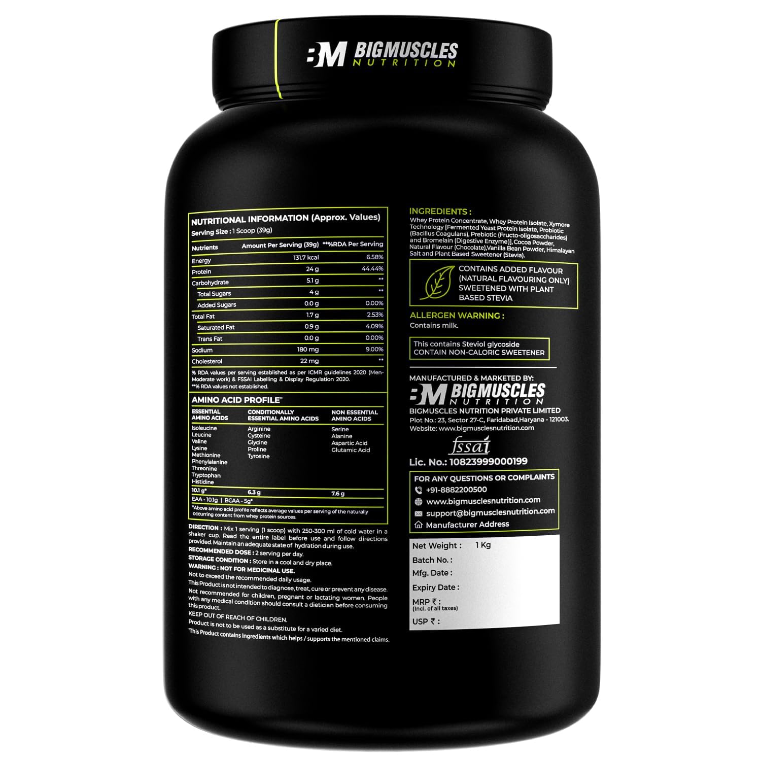 Bigmuscles Nutrition Whey Protein with Fibre [Rich Chocolate, 1kg] | 24g Protein & 10g EAA | Protein Powder Powered By Xymore Tech. | No Added Artificial Sweeteners, Flavours — Amazon image 8