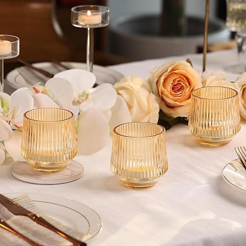Miniatura 4 de 12 portavelas votivas grandes de oro, votivas doradas acanaladas de 3.15 x 3.15 pulgadas, portavelas doradas para decoración de mesa de boda,