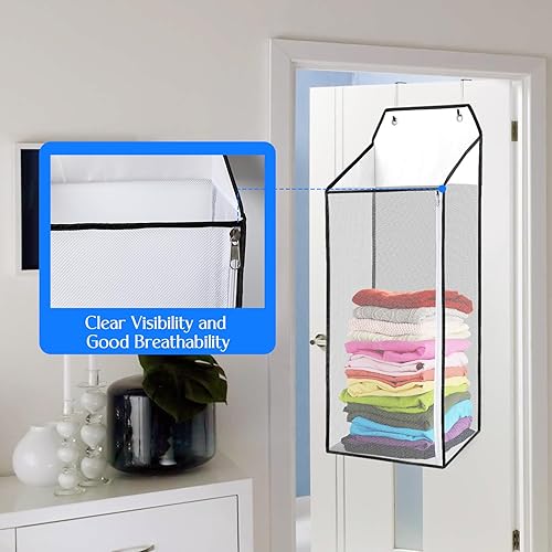 Miniatura 10 de coastal rose Paquete de 2 cestas grandes para colgar la ropa sucia con ganchos, cesta de malla para colgar sobre la puerta con cremallera para