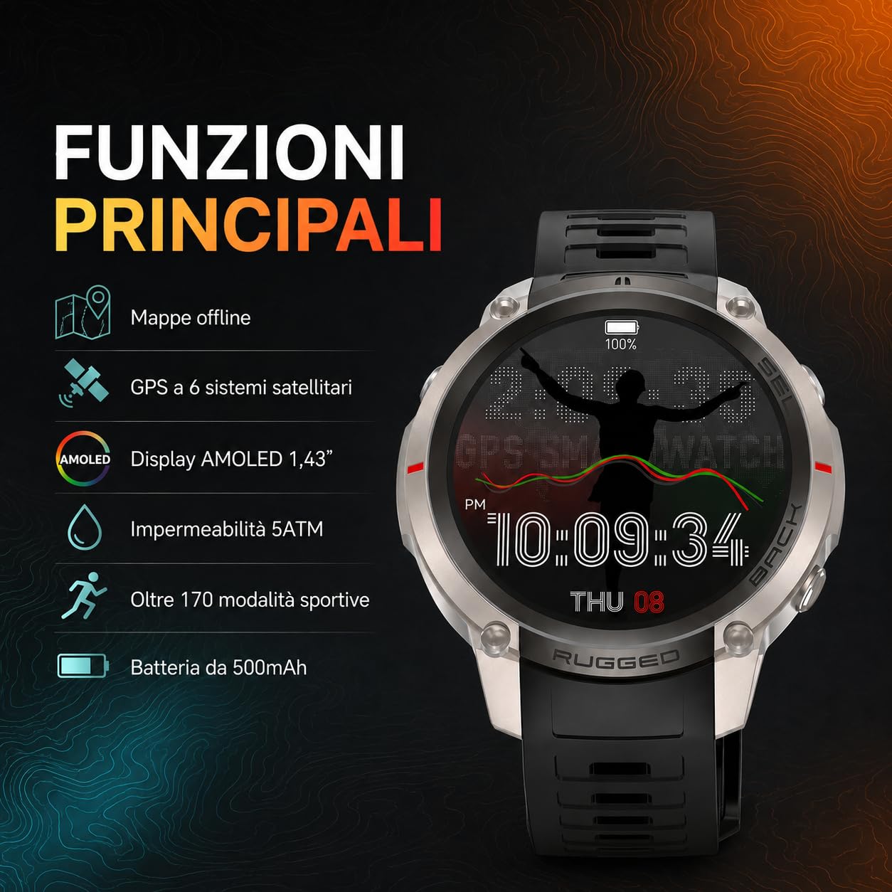 Reloj inteligente GPS con mapas fuera de línea, brújula, altímetro, tiempo – Reloj con pantalla AMOLED de 1,43 pulgadas, impermeable 50 m, monitor de corazón/oxígeno/presión, correa de gel de