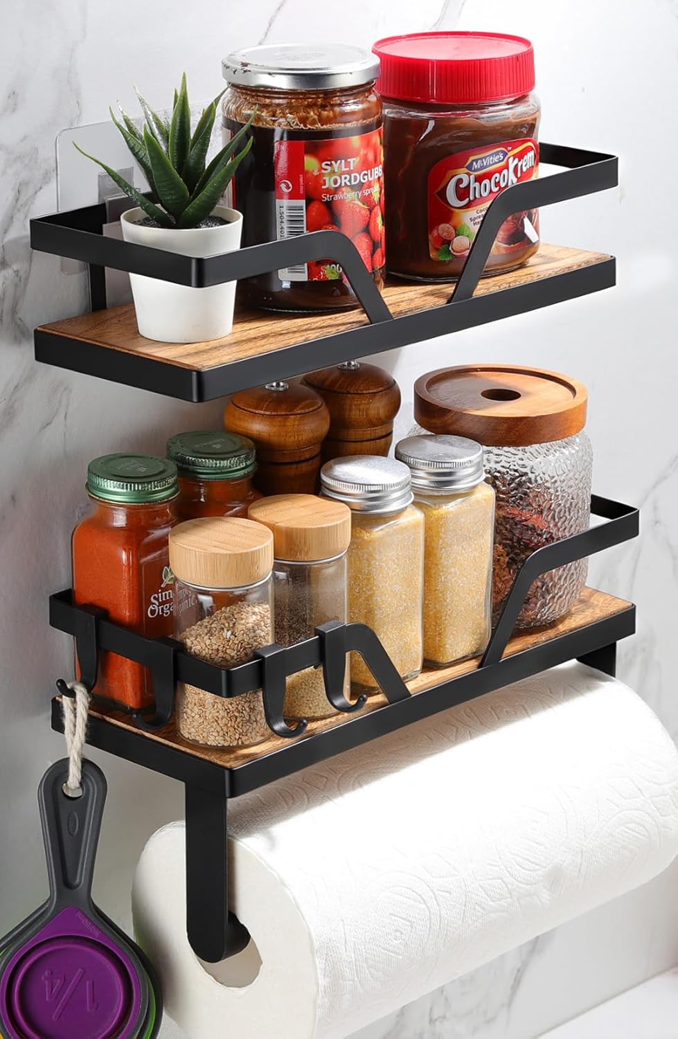 Paper Towel Holder Wall - Kitchen Towel Holder with Shelf Wooden Spice Rack Organizer with 4 Hooks(Self-Adhesive & Wall Mounted)