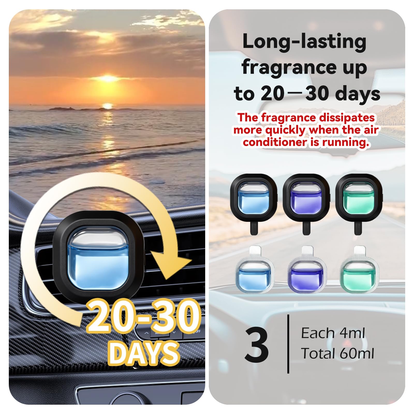SCENTORINI Ambientador Coche, Perfume para Coche con 3 Clip y 12 Recargas, Fragancia de Brisas Marinas y Coche Nuevo y Lavandas Ambientador de Coche para Eliminar Olores Perfume Durante 30 Días