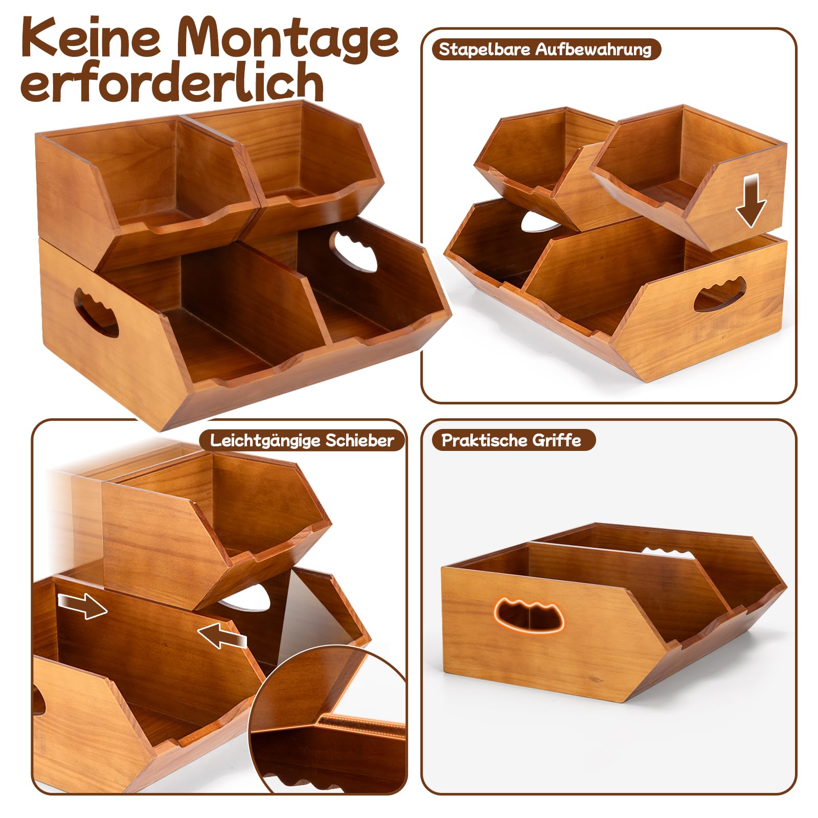Aquzee Obstkiste Holz, Stapelbar Aufbewahrungsbox Holz, 2-Lagige Kartoffel Aufbewahrungsbox, 3er Set Platzsparender Zwiebeltop, Küchen Arbeitsplatte Organizer für Brot und Gemüse Aufbewahrung