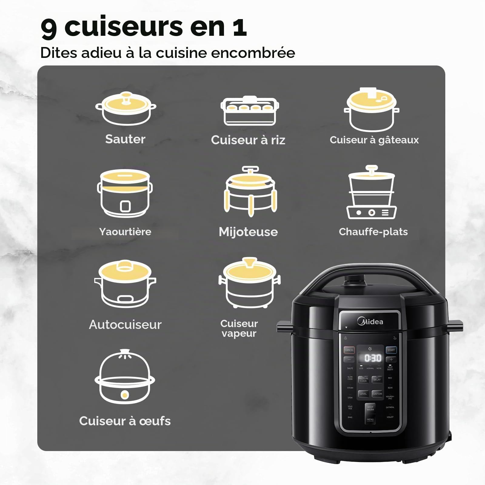 Midea Autocuiseur Électrique Rapide 9-en-1, 12 Programmes Prédéfinis, Multicuiseur Inox Instantané, Pot Antiadhésif, Yaourtière, Cuiseur de Riz, Cuisson Lente, Sauté, Vapeur, 6L, Noir