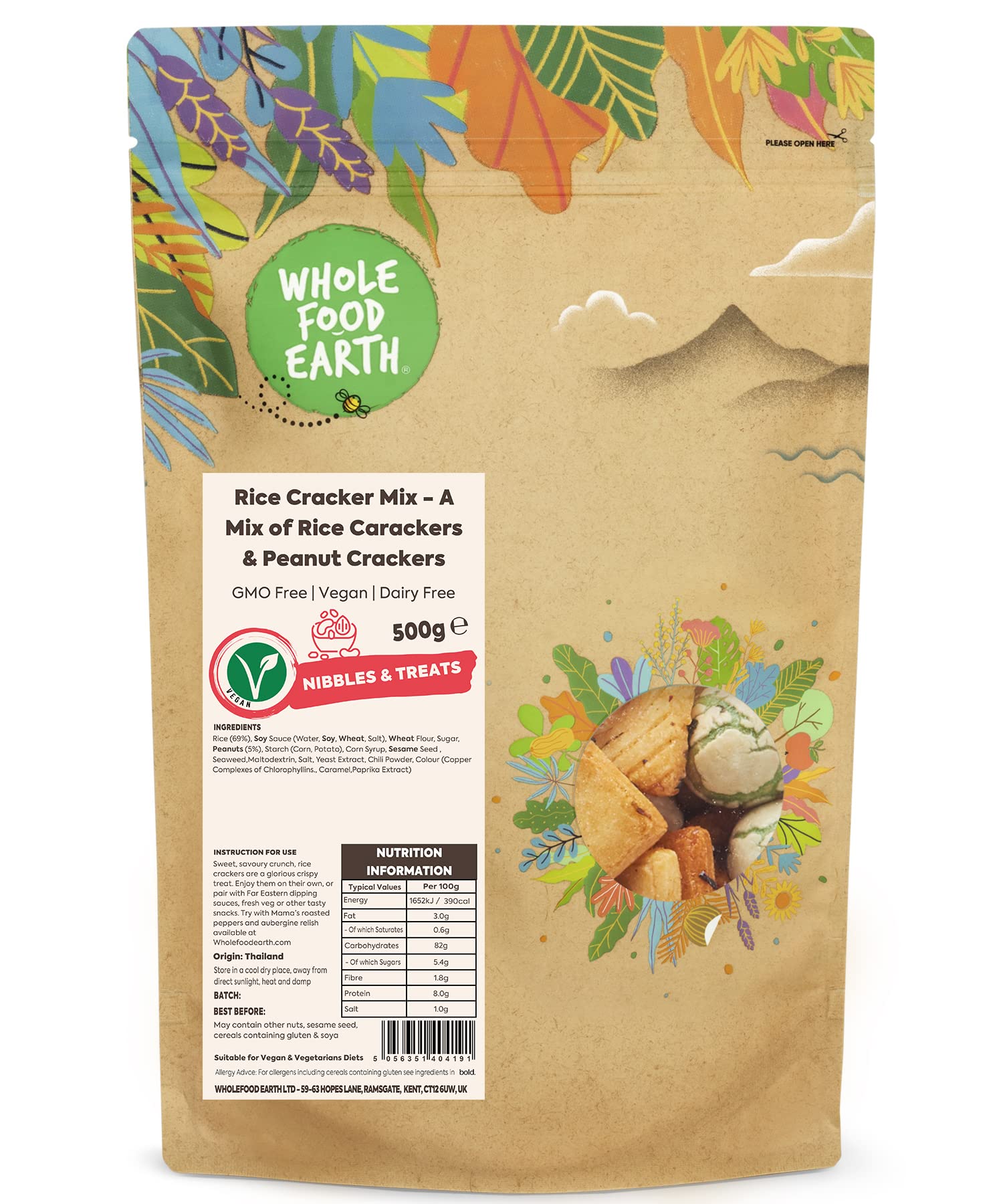 Wholefood Earth Rice Cracker Mix - A Mix of Rice Carackers and Peanut Crackers 500 g | GMO Free | Dairy Free