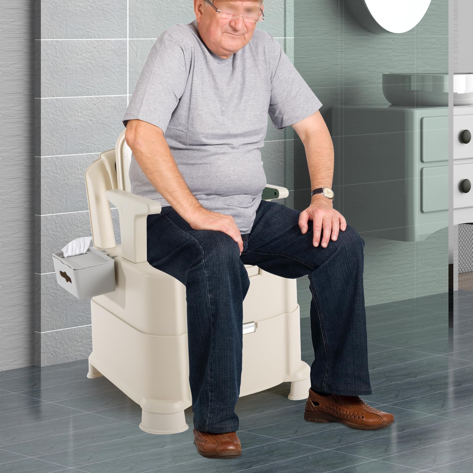 WC portatile per adulti, con Sensory Light, fino a 200 kg, con braccioli, schienale, WC da campeggio, per malati, anziani, disabili e donne incinte (verde + bianco)