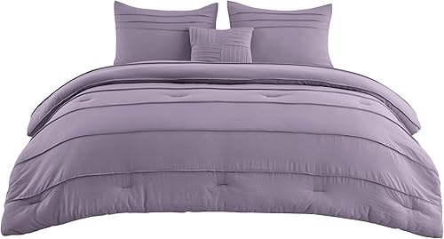 Miniatura 8 de Bedsure Juego de edredón morado tamaño Queen, juego de cama plisado de 4 piezas, juegos de ropa de cama alternativa de plumón para todas las