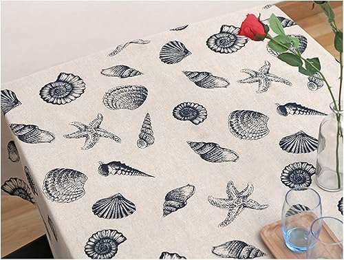 Miniatura 4 de Bringsine Mantel Rectangular Lavable de Algodón y Lino con Estampado de Estrella de Mar, Concha y Caracola, Mantel Vintage para Cena y Picnic,