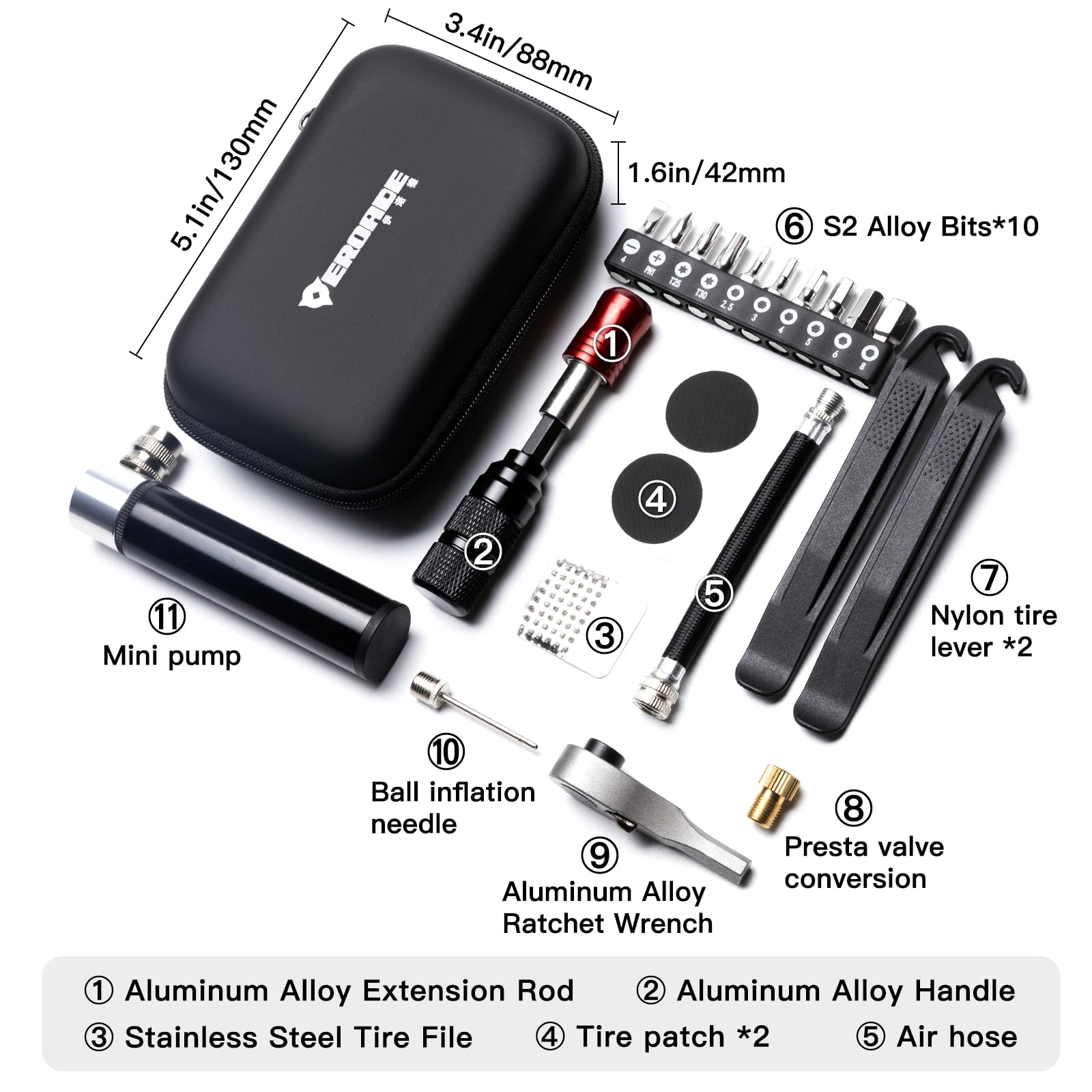 Kit di riparazione per bici multiuso, attrezzi portatili per biciclette con toppa per pneumatici, leva pneumatici, chiave a cricchetto, punte per cacciavite, mini pompa ad aria (kit di attrezzi con