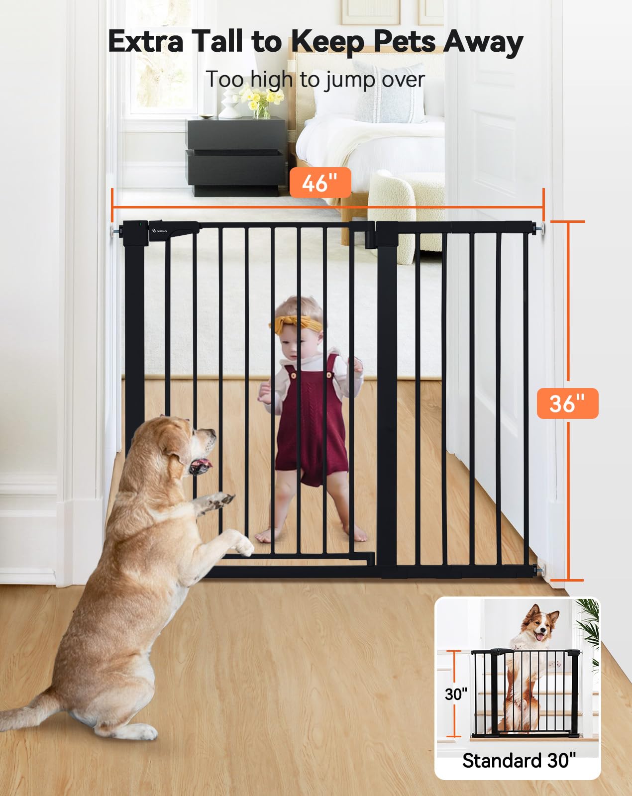 COMOMY 91,5cm Cancelletto per cani Extra Alto, per Scale e Porte, 75 a 117cm di Larghezza, Montato a Pressione Cancellino Bambini di Sicurezza Extra Largo a Chiusura Automatica per Casa, Nero