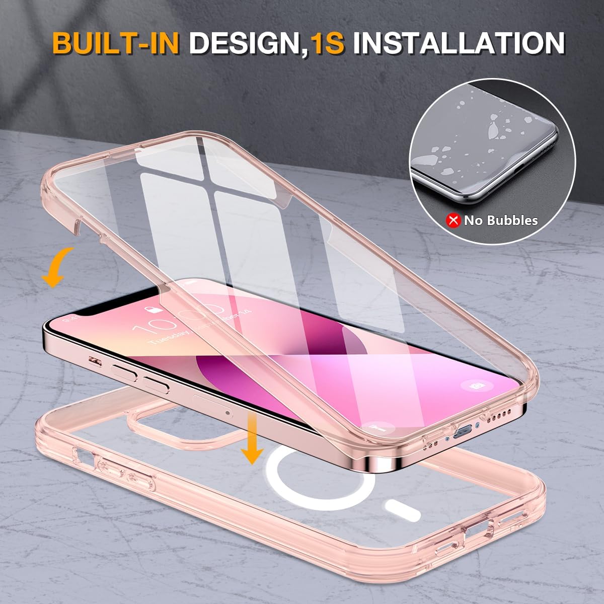 Miracase for iPhone 13 Case 6.1'', [Bubble Free] Full-Body Bumper Phone case with Built-in Full Glass Screen,No Gap,Compatible with MagSafe,Clear Pink thumbnail