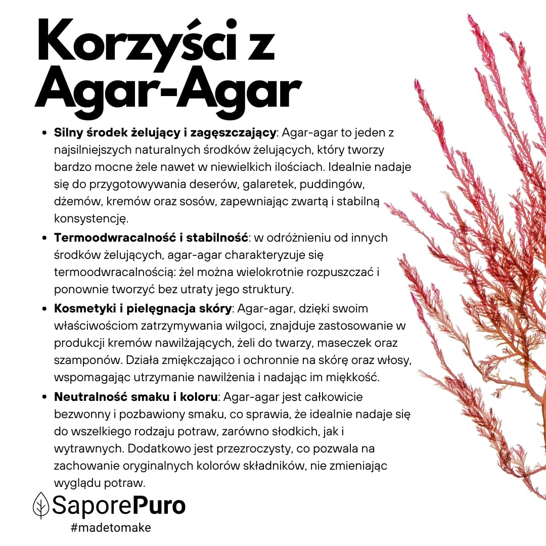 SaporePuro AGAR AGAR w proszku 500 g – Naturalny środek żelujący BEZ GLUTENU – Idealny do kuchni molekularnej, jako zagęszczacz do deserów, dżemów, budyniów i lodów