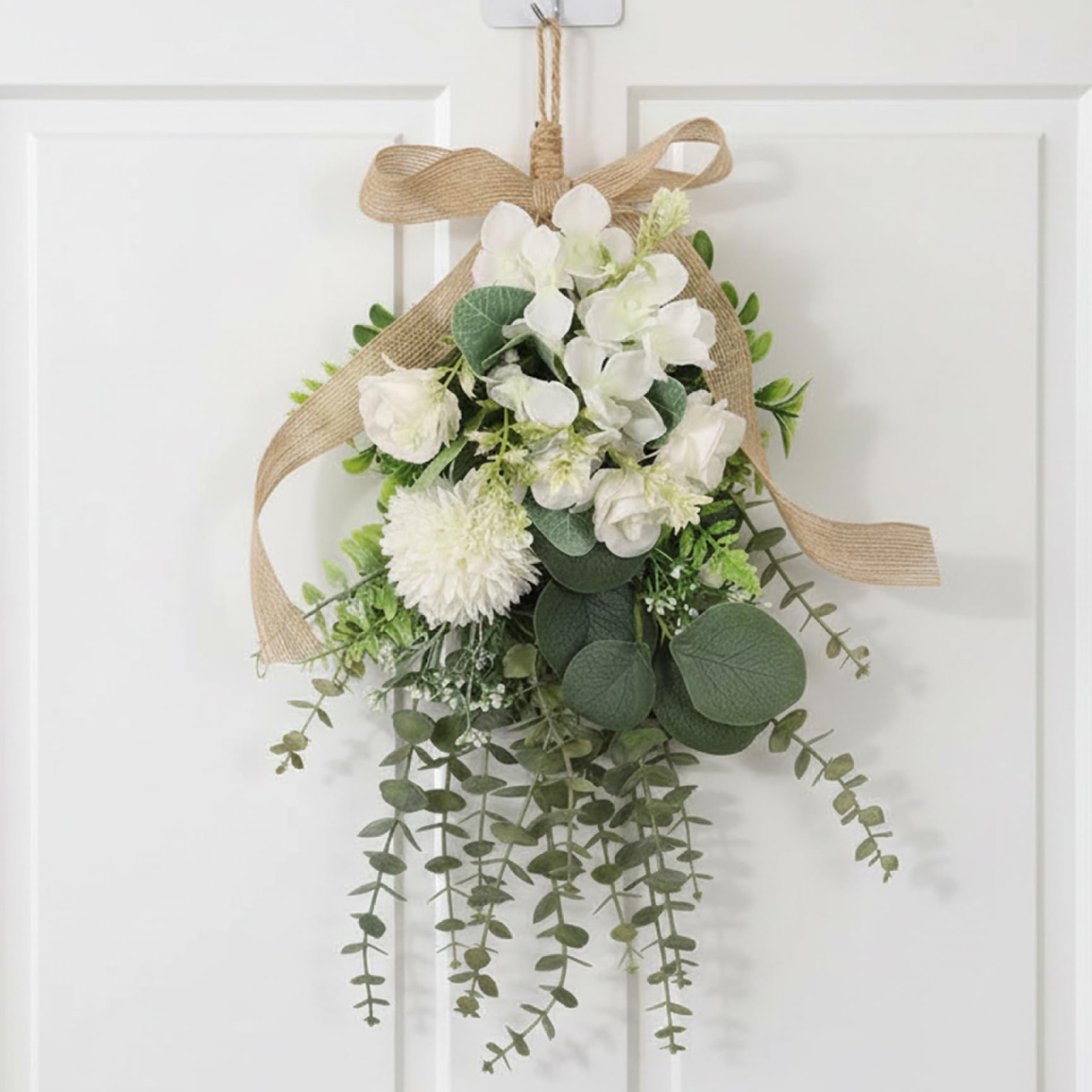 Stazamor Assorted Color Teardrop Wreath Large Artificial Floral Swag With White Eucalyptus And Chrysanthemum Hanging Bouquet For Front Door Wall Wedding Home Decor