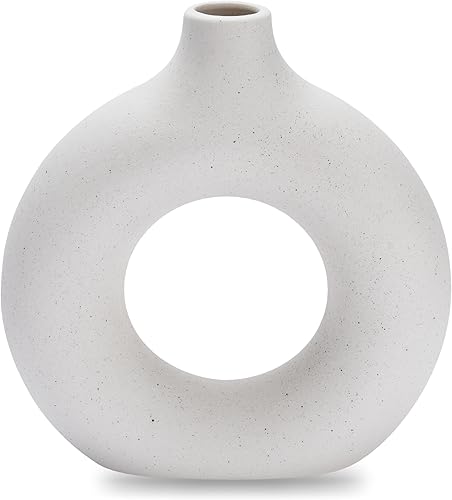 Hallops Jarrón de cerámica para decoración moderna del hogar - Floreros de pampa redondos huecos blancos mate - Diseño de rosquilla para tema