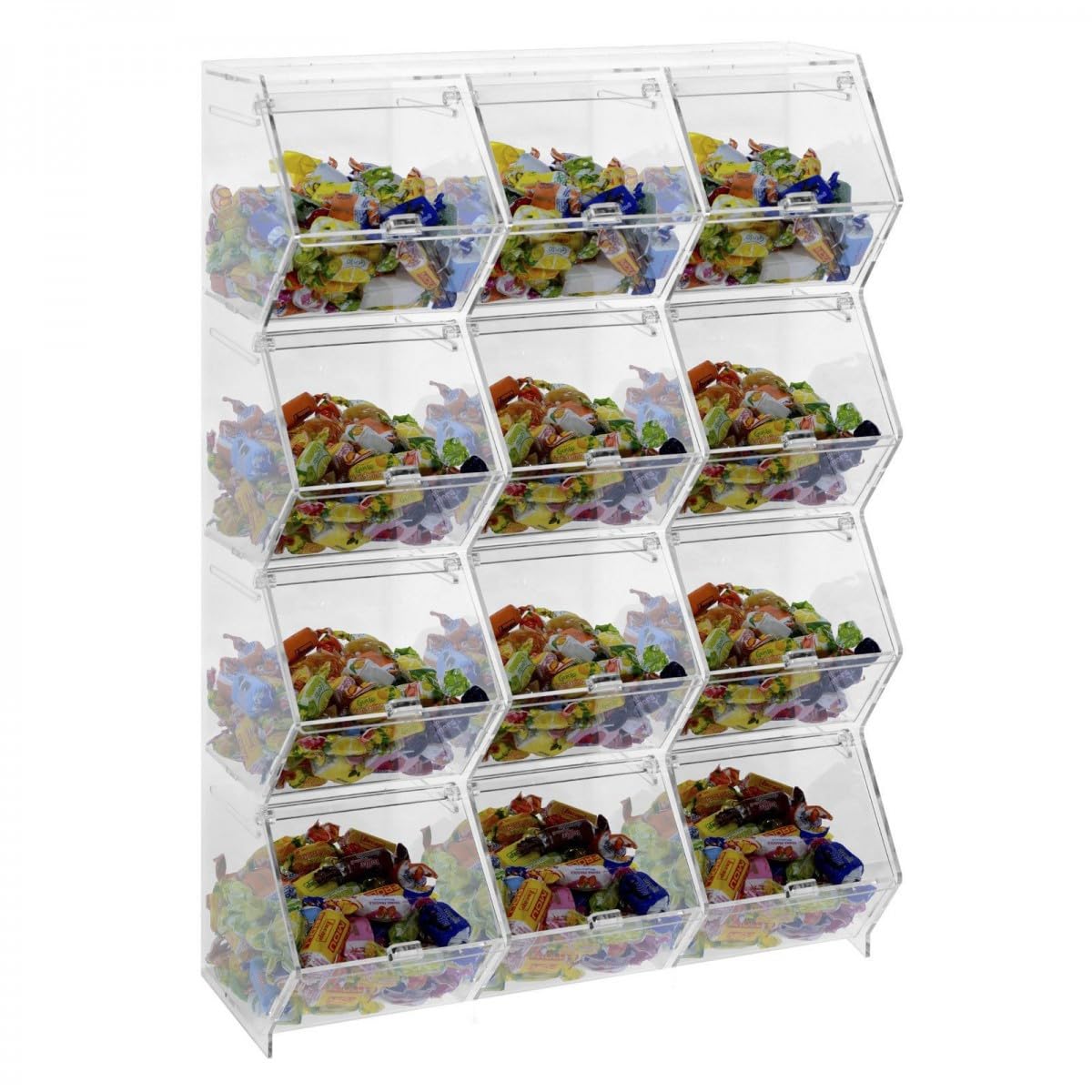 Porta caramelle confezionate da banco o da parete in plexiglass trasparente a 12 scomparti CON sportello a scomparsa - Misure totali: L 38.5 x P 18 x H 60 cm