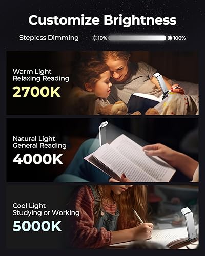 Miniatura 17 de 86lux Luz de libro, luz de lectura LED recargable con clip para uso en cama y noche, 3 temperaturas de color con atenuación continua, diseño de Oro